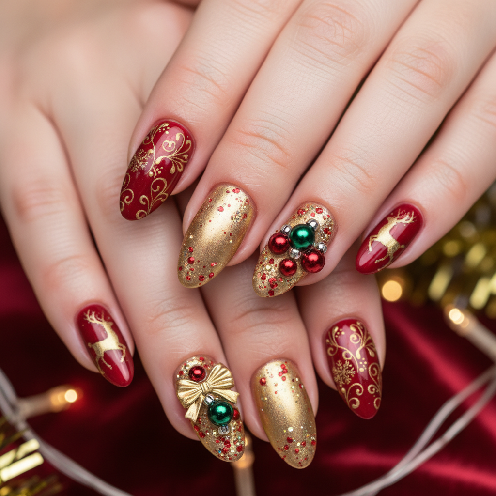 Gold Red Christmas Metallic Ornaments Sparkly Christmas Nails Christmas Nail Art nail art