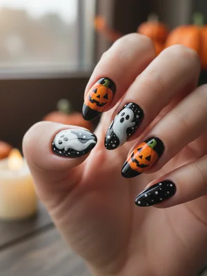 Black Orange Pumpkins White Ghost Silhouettes Halloween Nails
