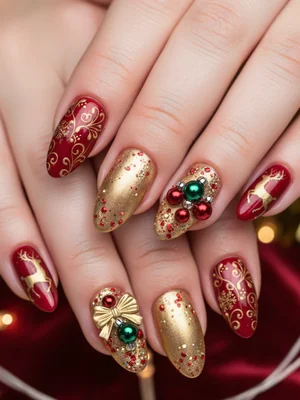 Gold Red Christmas Metallic Ornaments Sparkly Christmas Nails