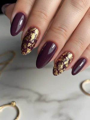 Deep Plum Gold Foil Purple Nails