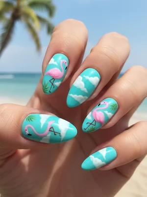 Tropical Summer Turquoise Pink Flamingos White Summer Nails