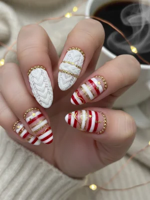 Cable Knit Red White Stripes Gold Christmas Nails