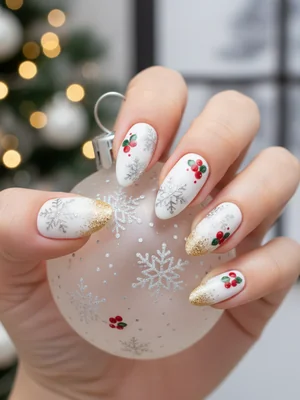 Silver Snowflakes Red Berries Gold Glitter Christmas Nails
