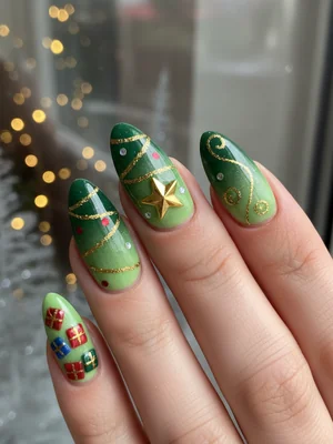 Green Gradient Gold Star Ring Finger Christmas Nails