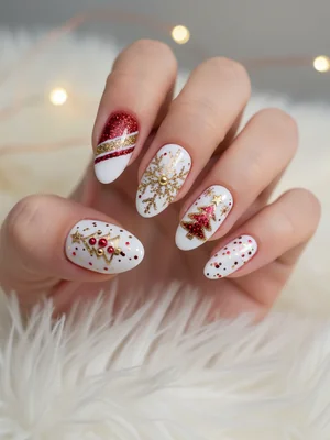 Red Gold Glitter Snowflake Christmas Tree Christmas Nails
