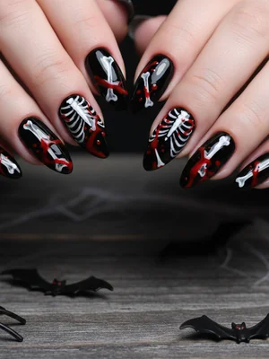 Creepy Halloween Black White Bones Red Halloween Nails