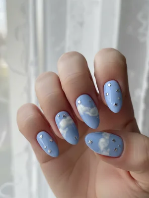 Baby Blue Cloud Silver Stars Blue Nails