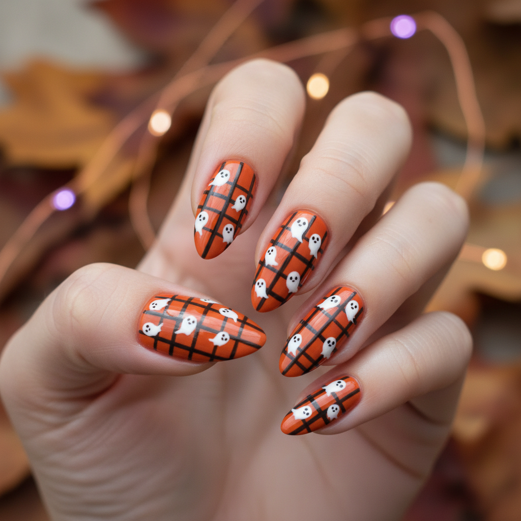 Orange Black Stripes White Ghosts Halloween Nails - Halloween Nail Art nail art - featuring nail art, black, white, halloween - nail art inspiration and design ideas