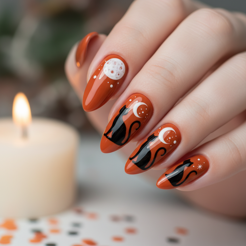 Festive Halloween Orange Black Cats White Halloween Nails - Halloween Nail Art nail art - featuring black, white, halloween - nail art inspiration and design ideas