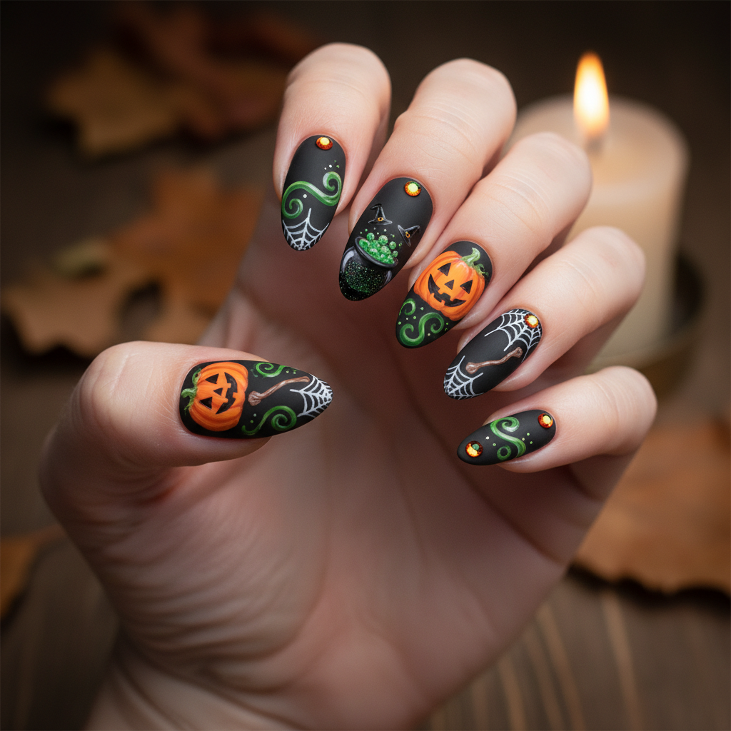 Spooky Halloween Black Orange Pumpkins Green Halloween Nails - Halloween Nail Art nail art - featuring green, black, halloween - nail art inspiration and design ideas