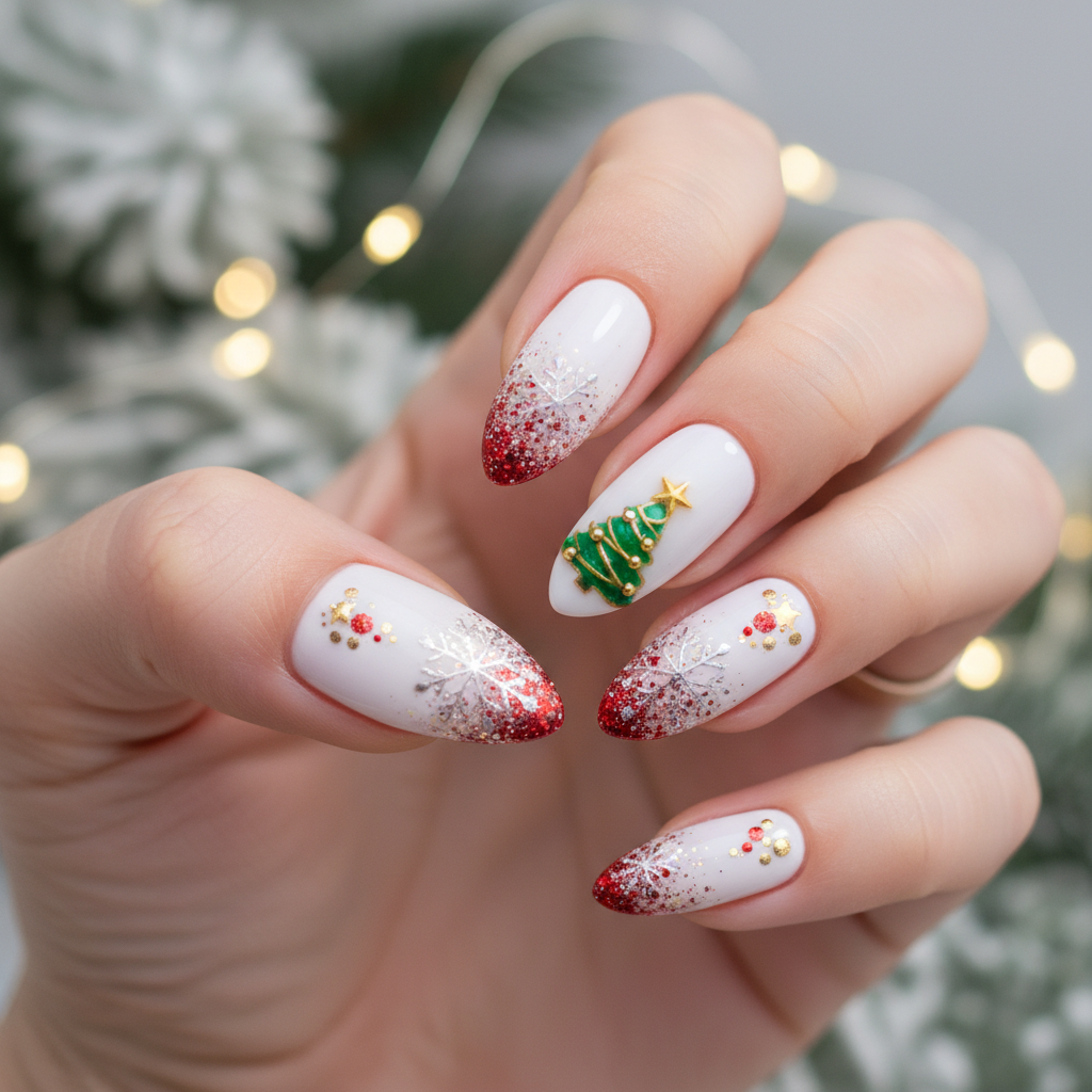 Red Gold Glitter Snowflake Christmas Tree Christmas Nails