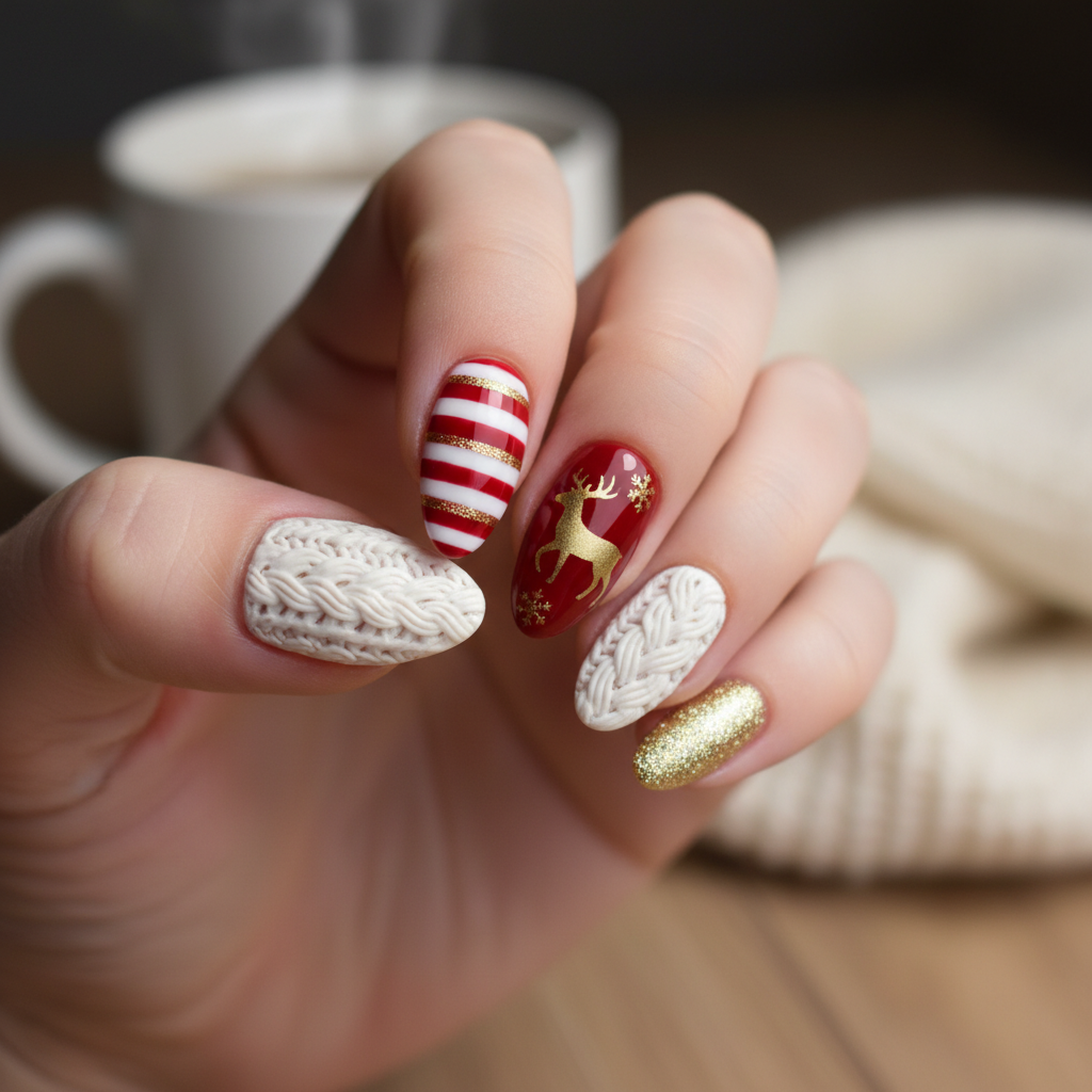 Cable Knit Red White Stripes Gold Christmas Nails Christmas Nail Art nail art