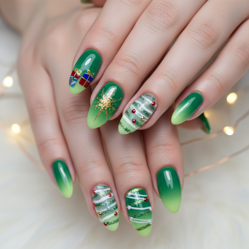 Green Gradient Gold Star Ring Finger Christmas Nails Christmas Nail Art nail art