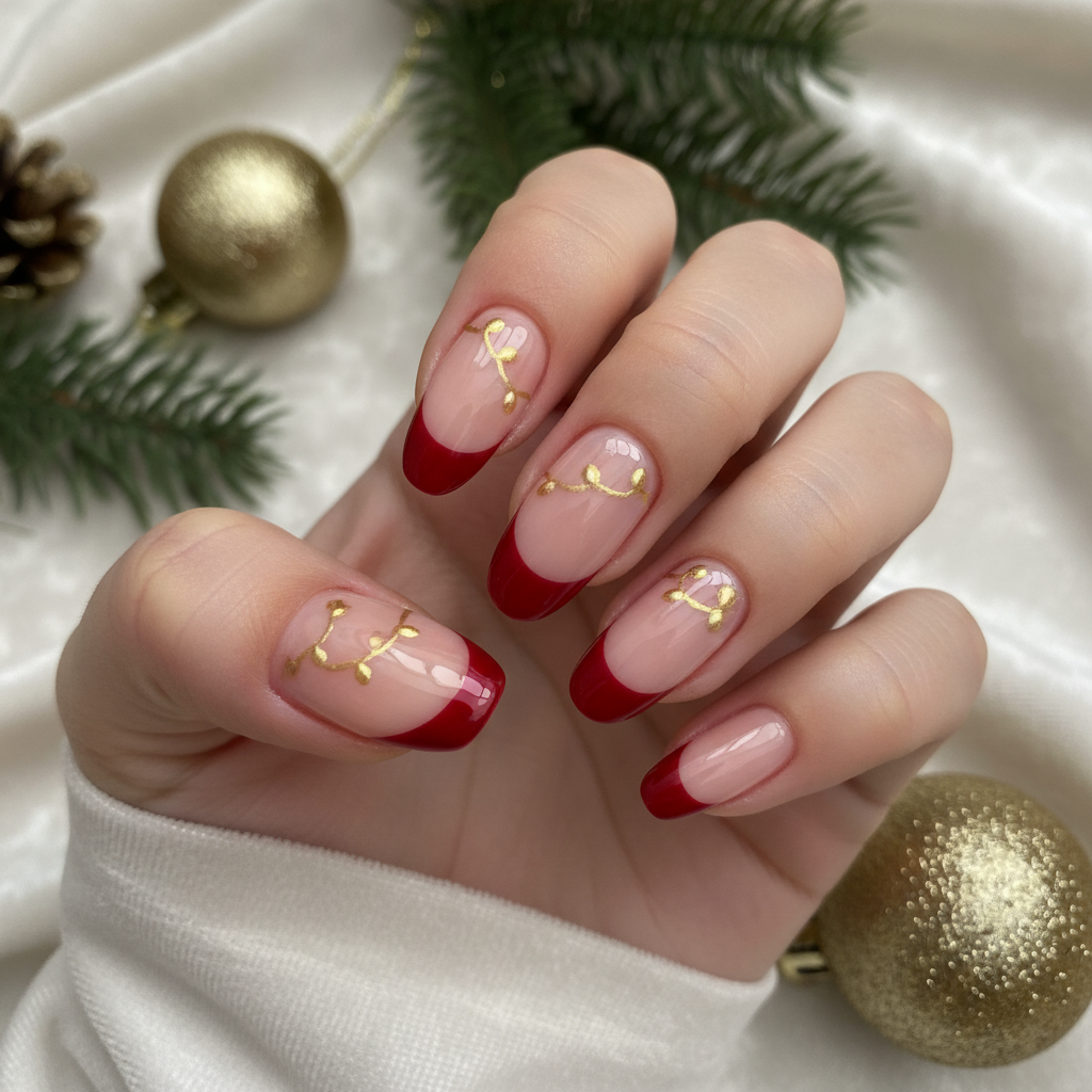 French Christmas Nude Red Gold Lights Christmas Nails Christmas Nail Art nail art