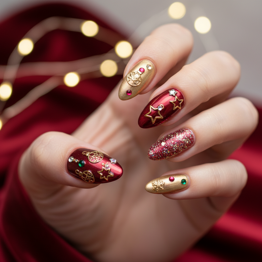 Gold Red Christmas Metallic Ornaments Sparkly Christmas Nails Christmas Nail Art nail art