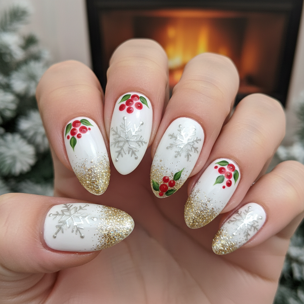 Silver Snowflakes Red Berries Gold Glitter Christmas Nails Christmas Nail Art nail art