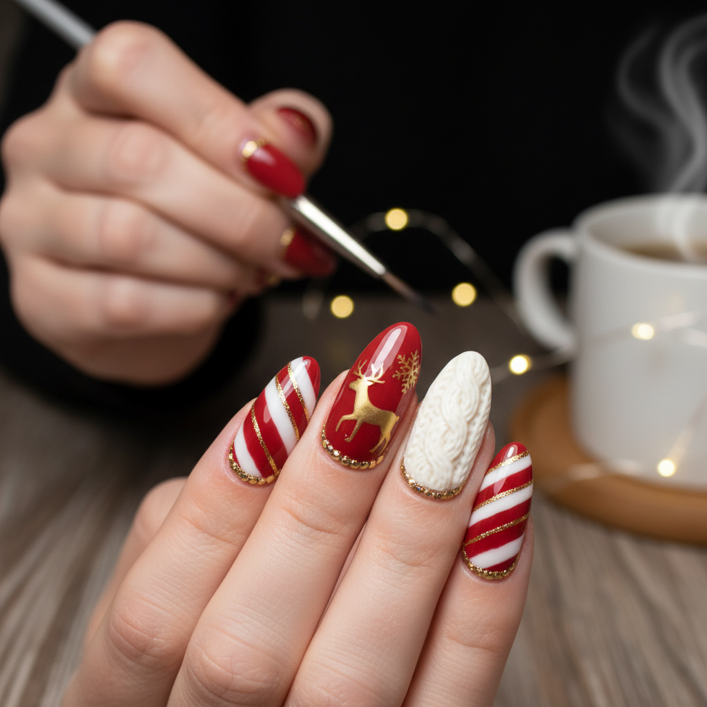 Cable Knit Red White Stripes Gold Christmas Nails Christmas Nail Art nail art