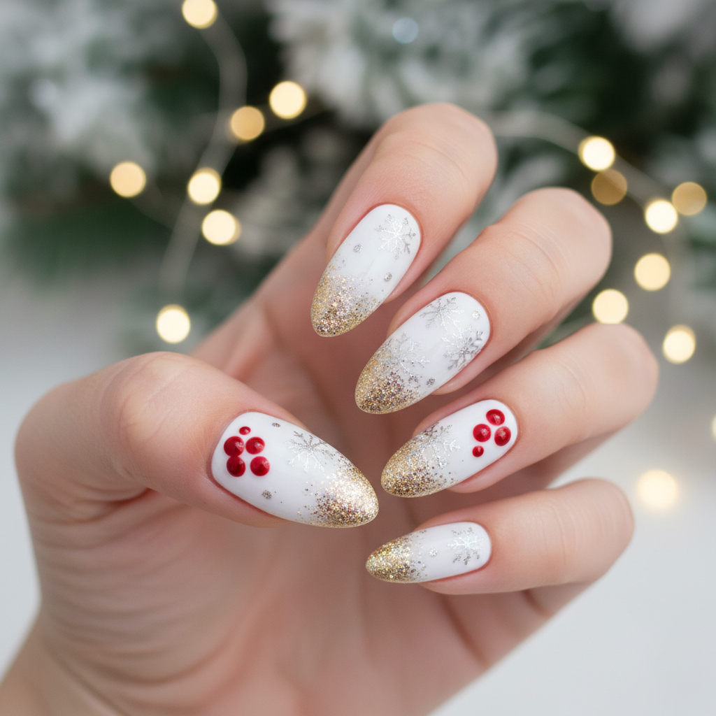 Silver Snowflakes Red Berries Gold Glitter Christmas Nails Christmas Nail Art nail art