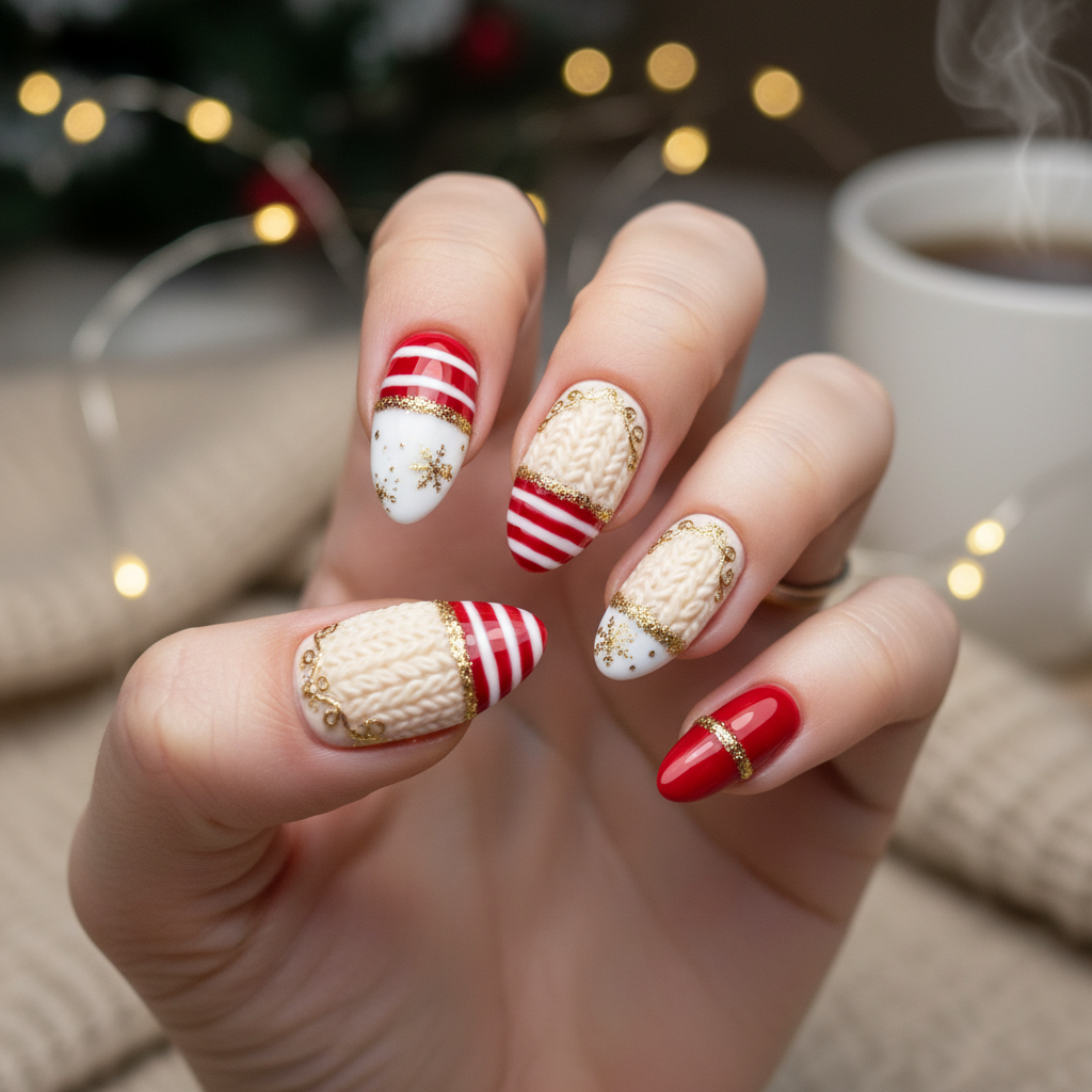 Cable Knit Red White Stripes Gold Christmas Nails Christmas Nail Art nail art