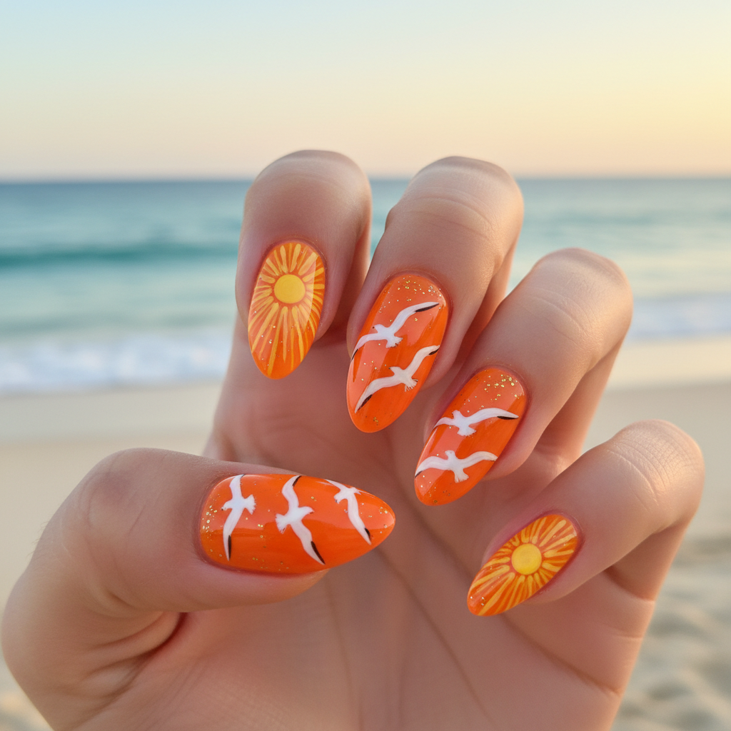 Orange Yellow Sun White Seagull Silhouettes Summer Nails