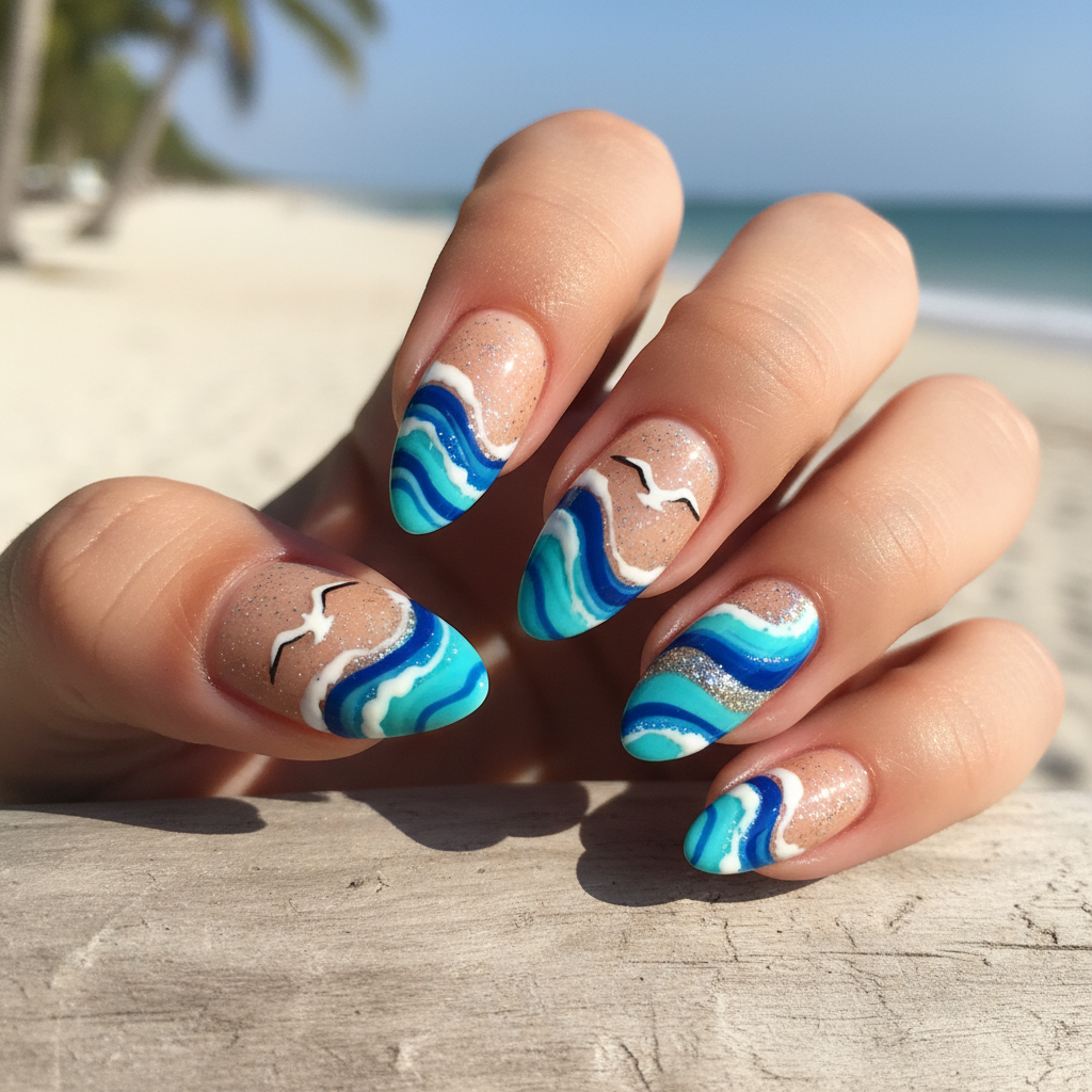 Sand-colored Blue Waves White Seagull Summer Nails