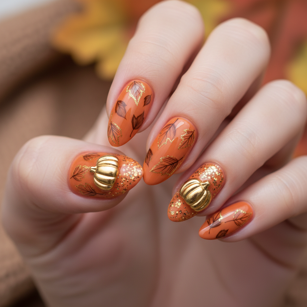 Orange Brown Leaves Gold Pumpkin Autumn Nails