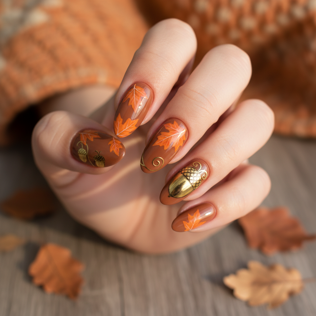 Warm Brown Orange Leaves Gold Acorn Autumn Nails
