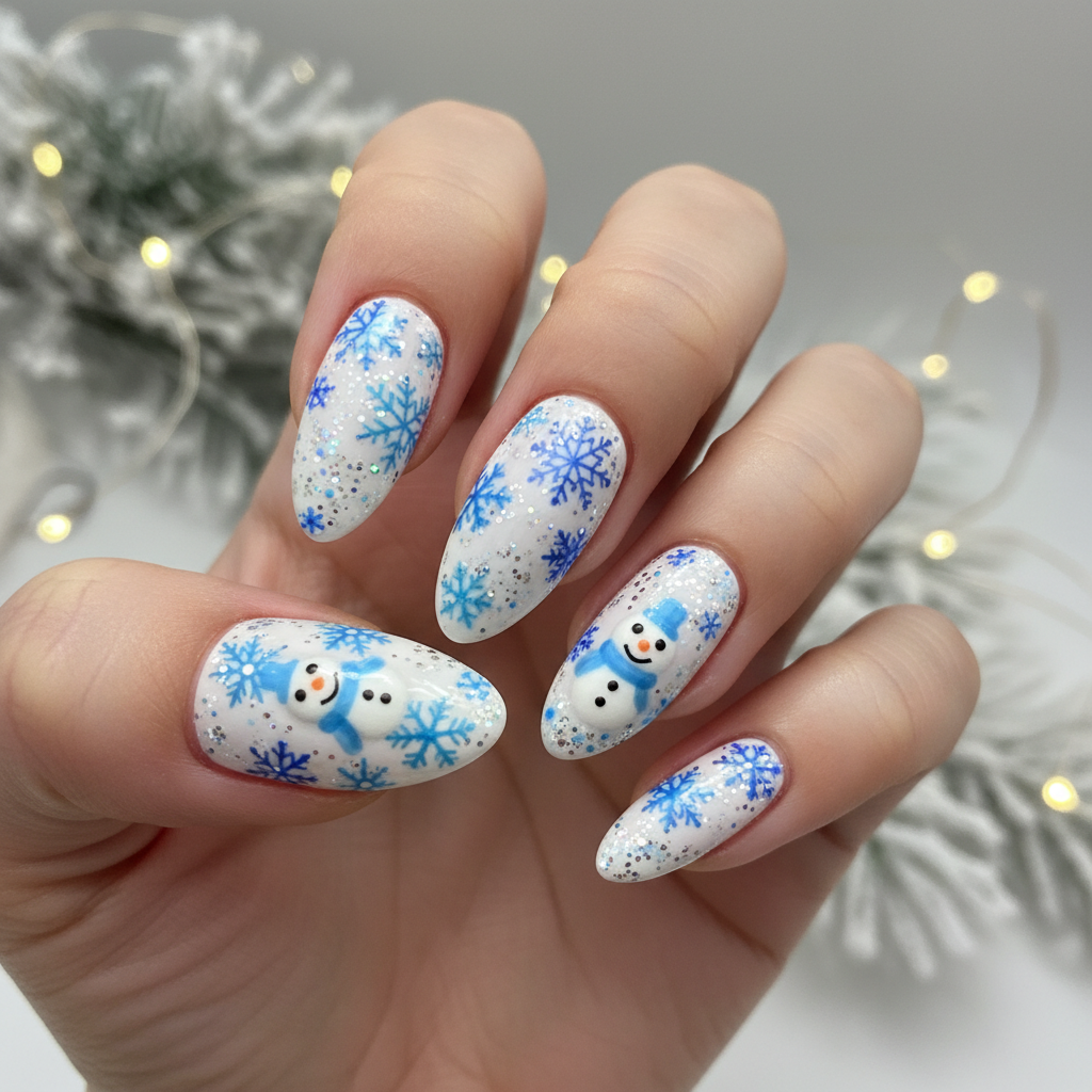 Winter Wonderland White Blue Snowflakes Silver Christmas Nails