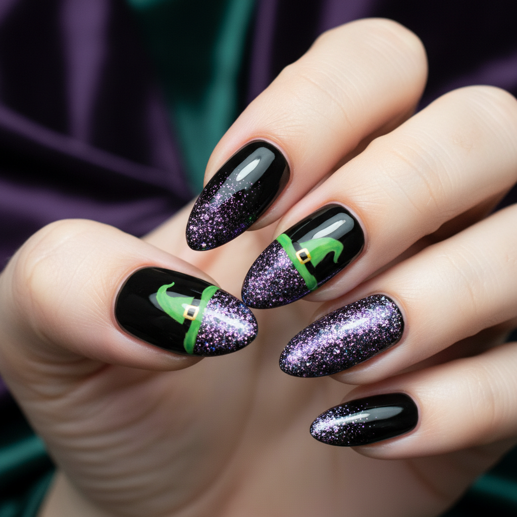 Black Green Witch Hats Purple Glitter Halloween Nails
