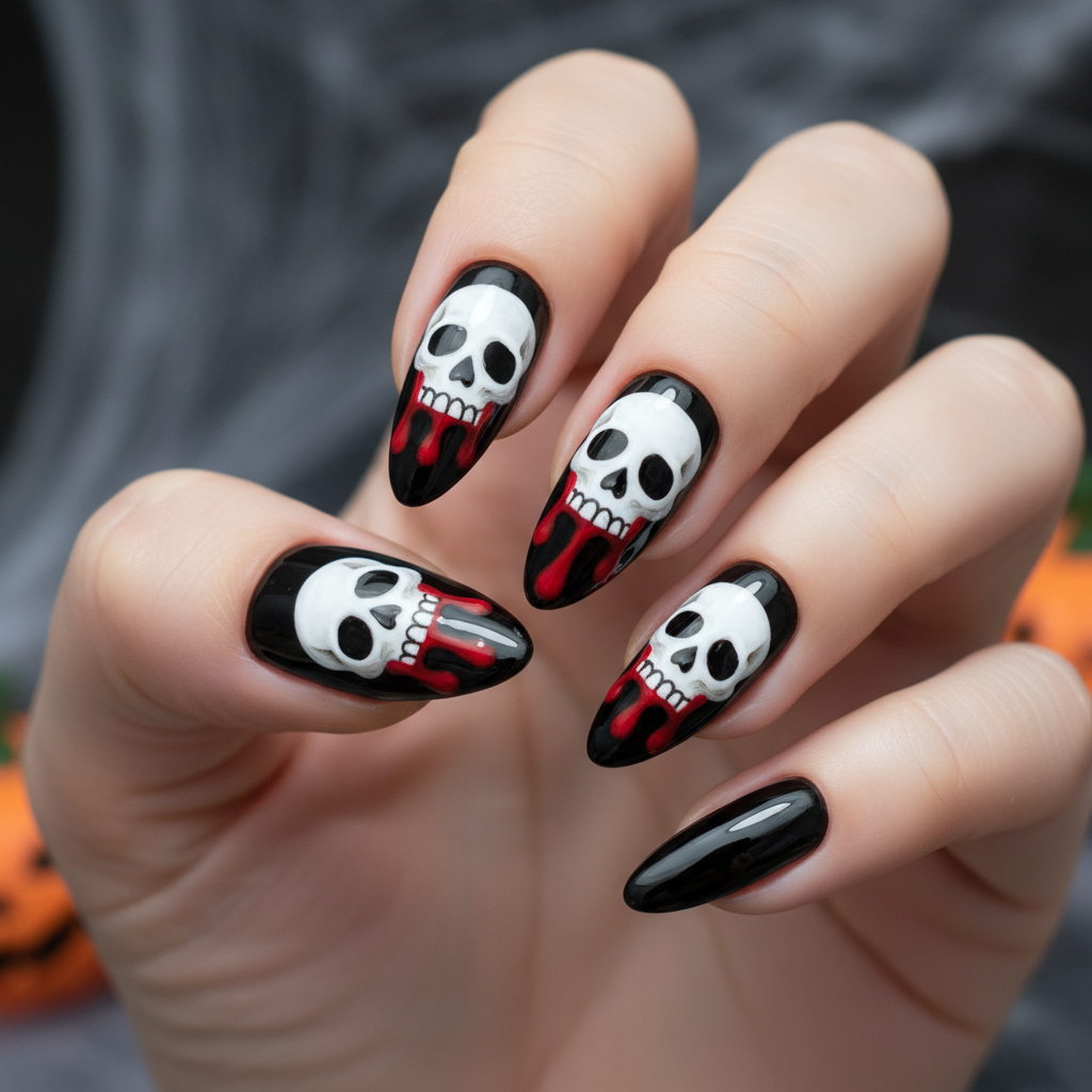 Halloween Black White Skulls Red Blood Halloween Nails