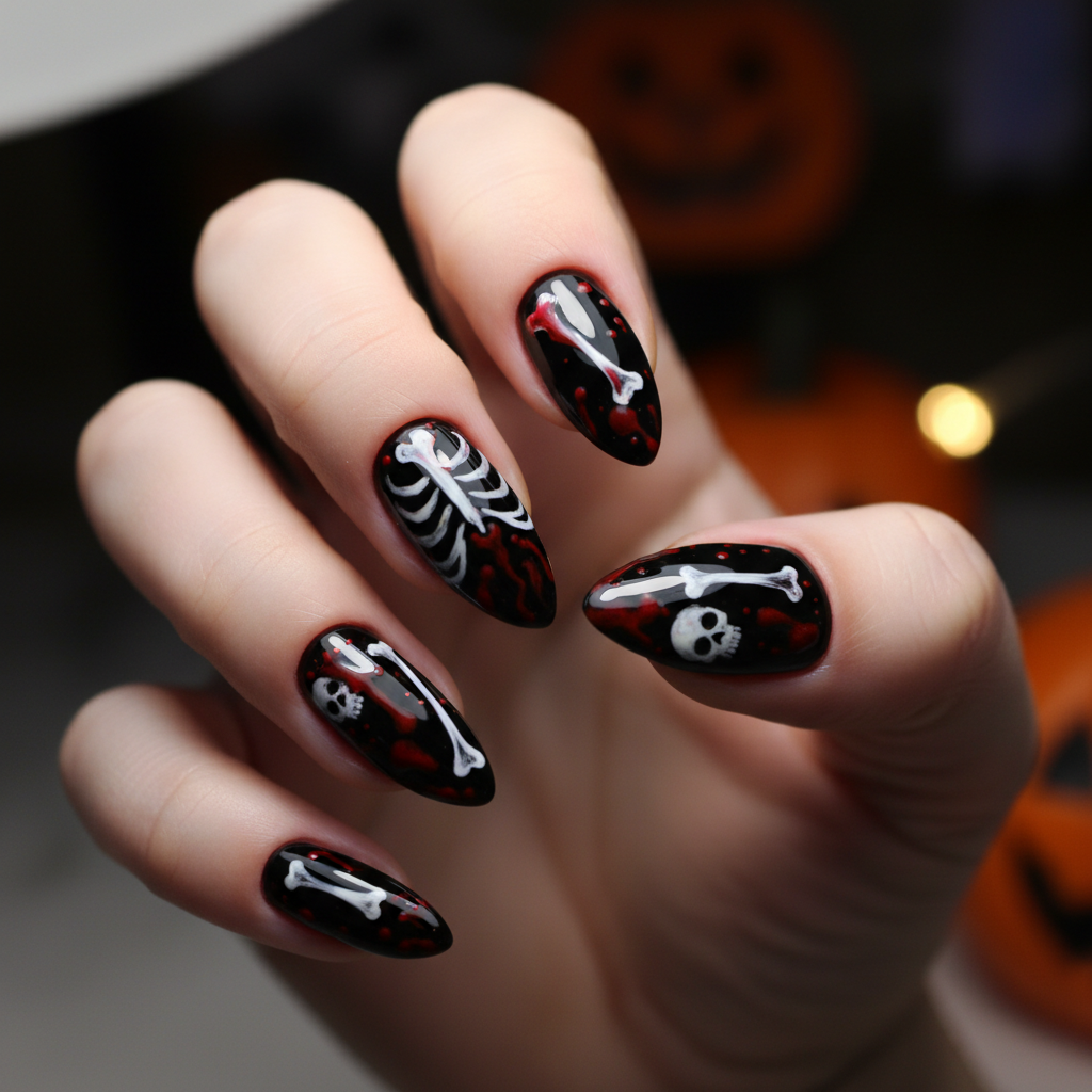 Creepy Halloween Black White Bones Red Halloween Nails