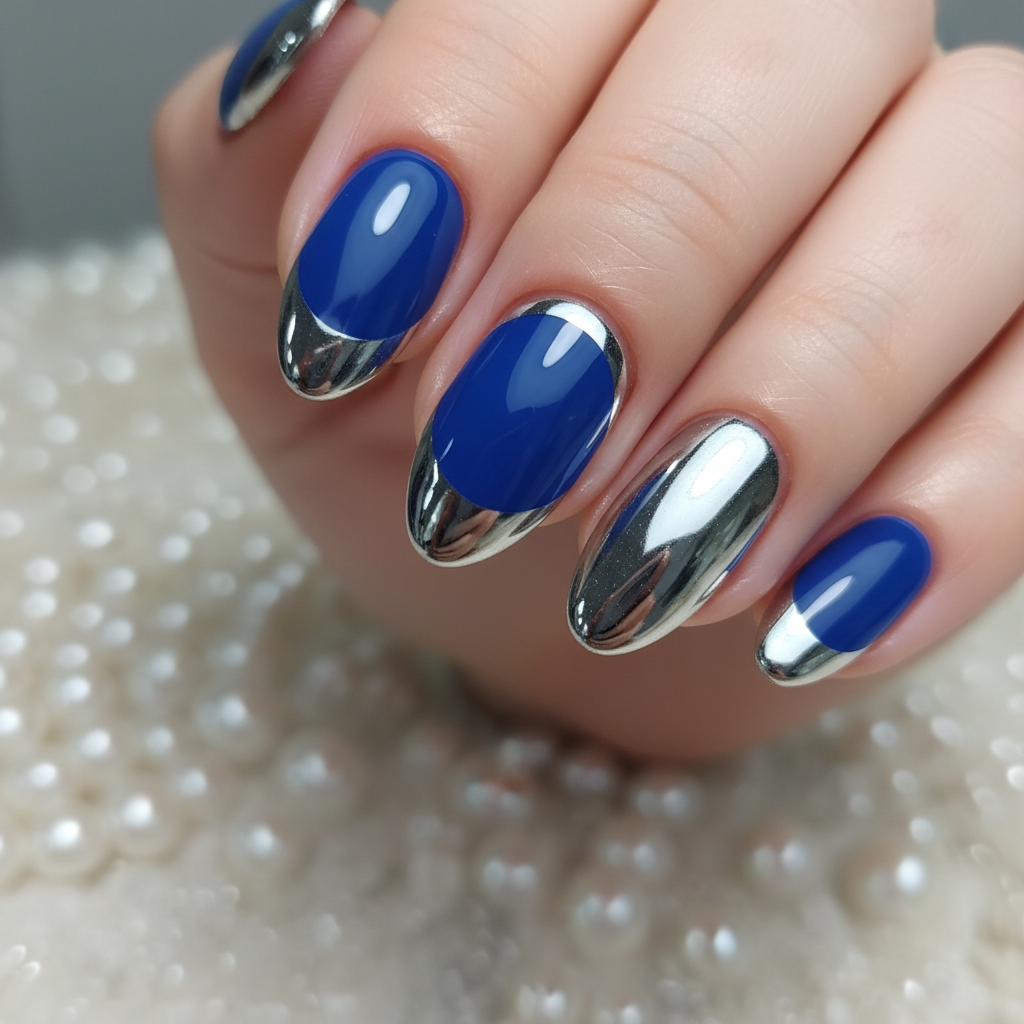 French Cobalt Blue Chrome Blue Nails