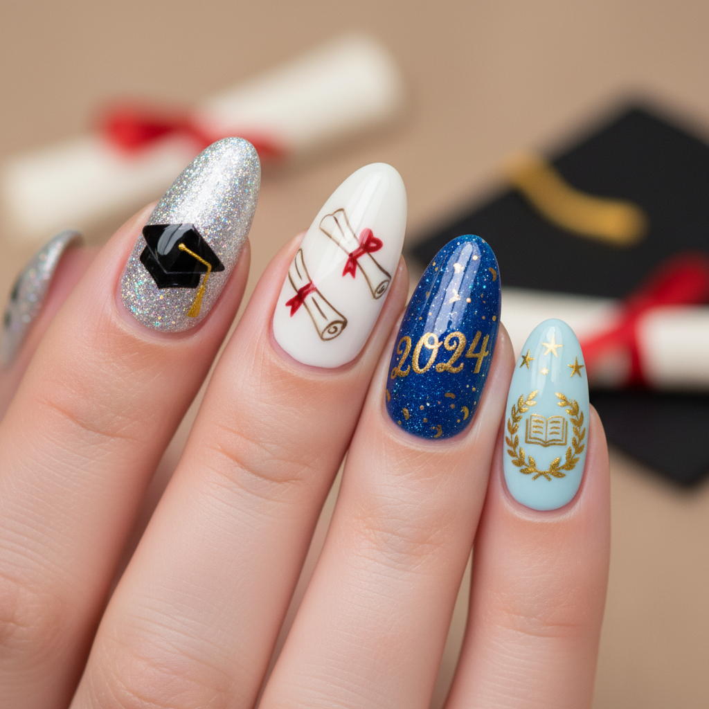 Photo-real Salon Graduation Nails Graduation nail art