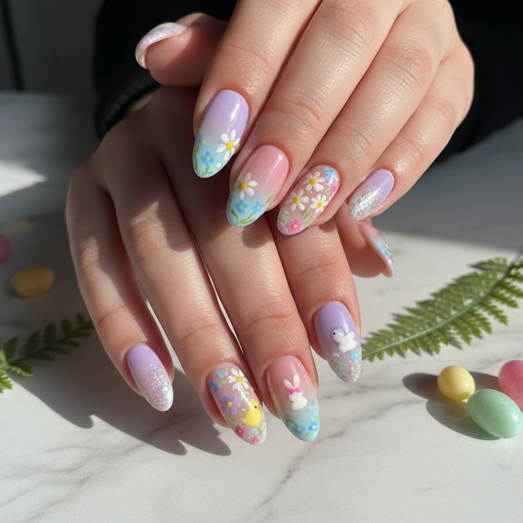 Pastel Ombr Floral Easter Easter Nails