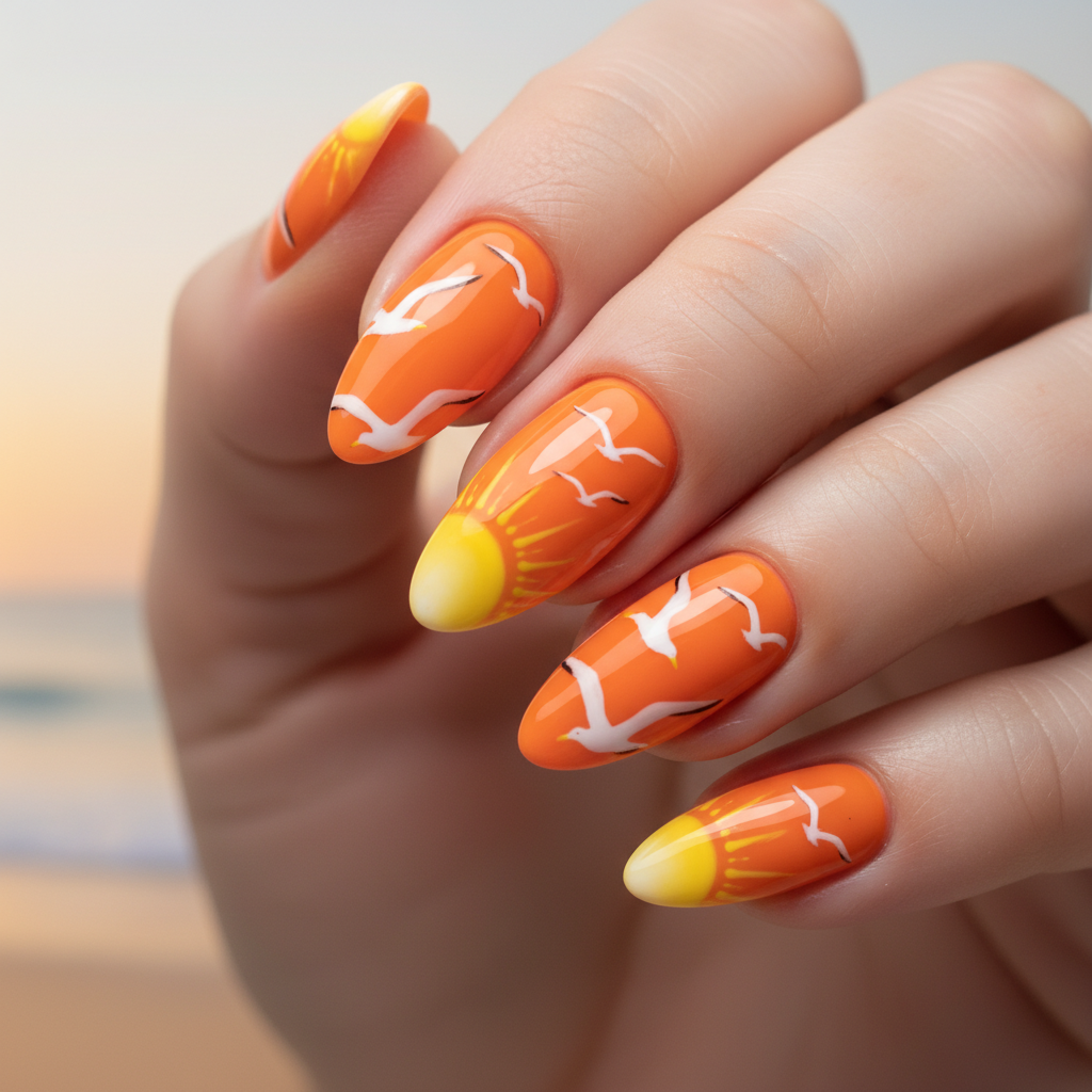 Orange Yellow Sun White Seagull Silhouettes Summer Nails