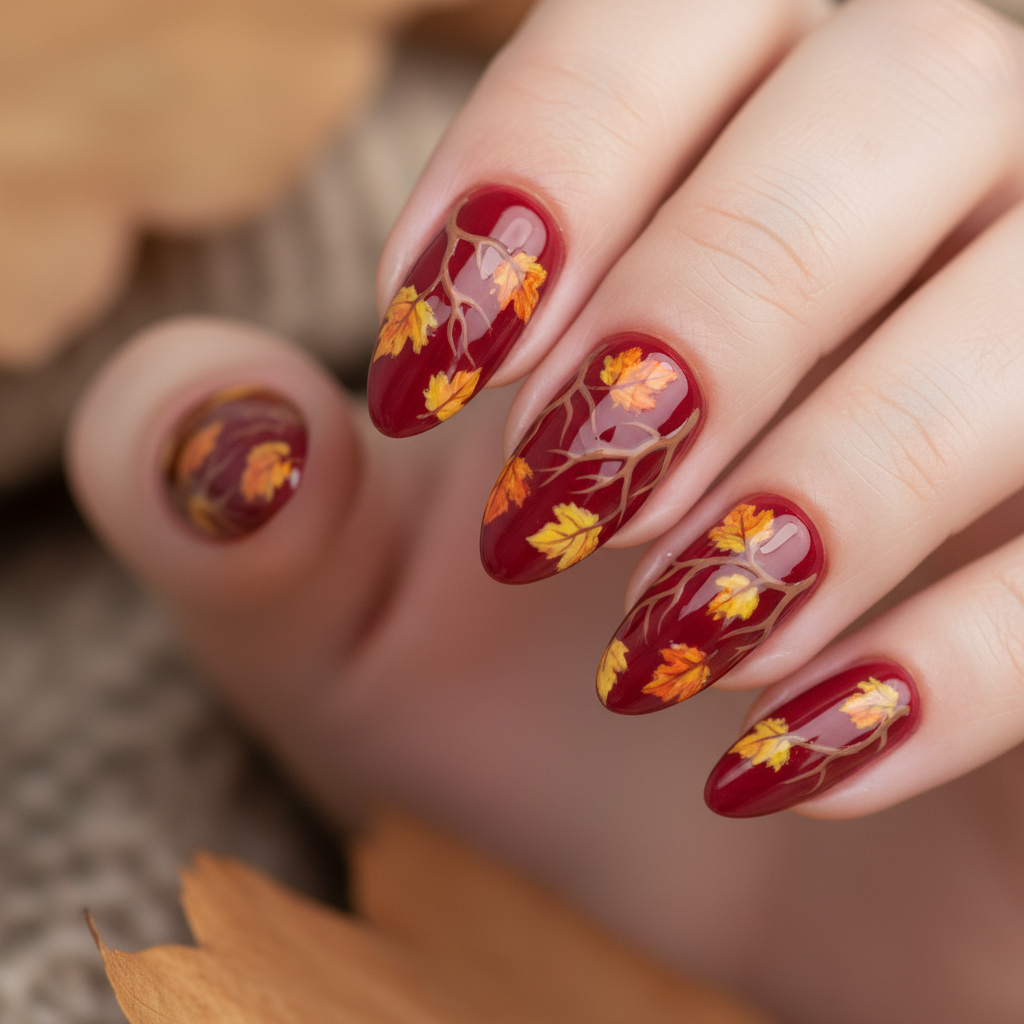 Fall Deep Red Yellow Leaves Brown Fall Nails