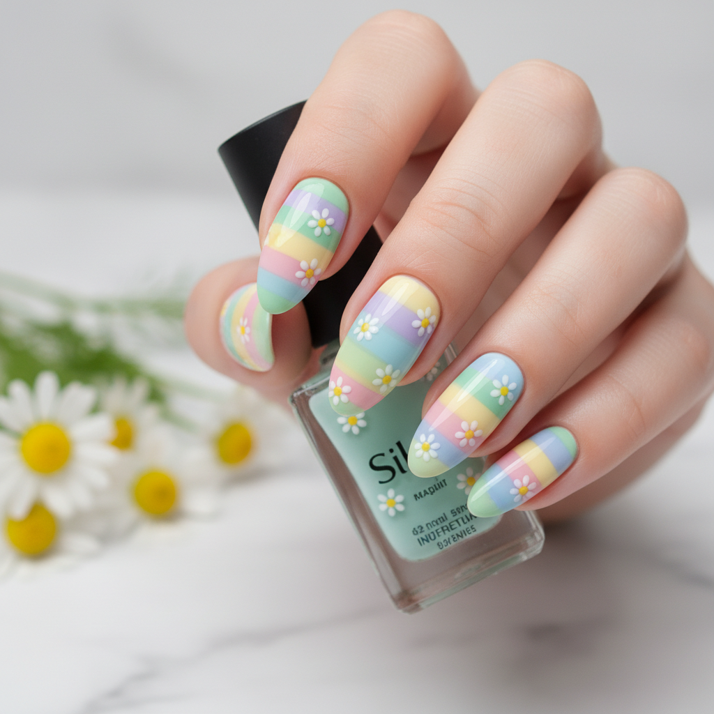 Pastel Stripes White Daisies Easter Nails