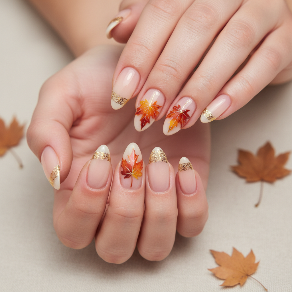 Maple Leaf Nude Gold Thanksgiving Nails