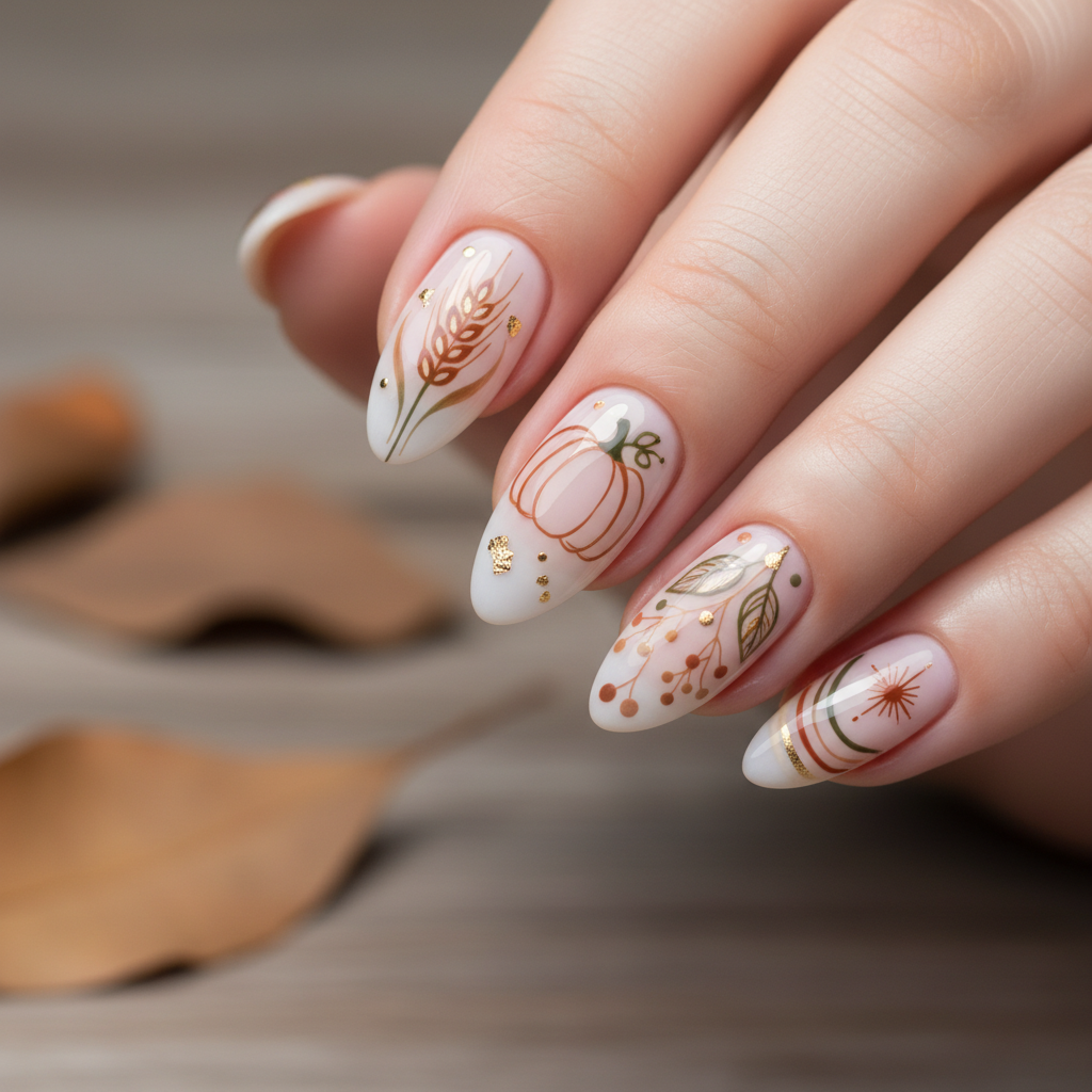 Minimal Harvest Motifs Line Thanksgiving Nails