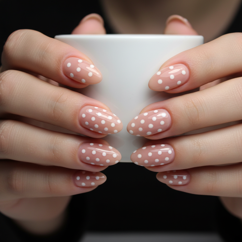 Nude White Polka Dots Minimalist Nails