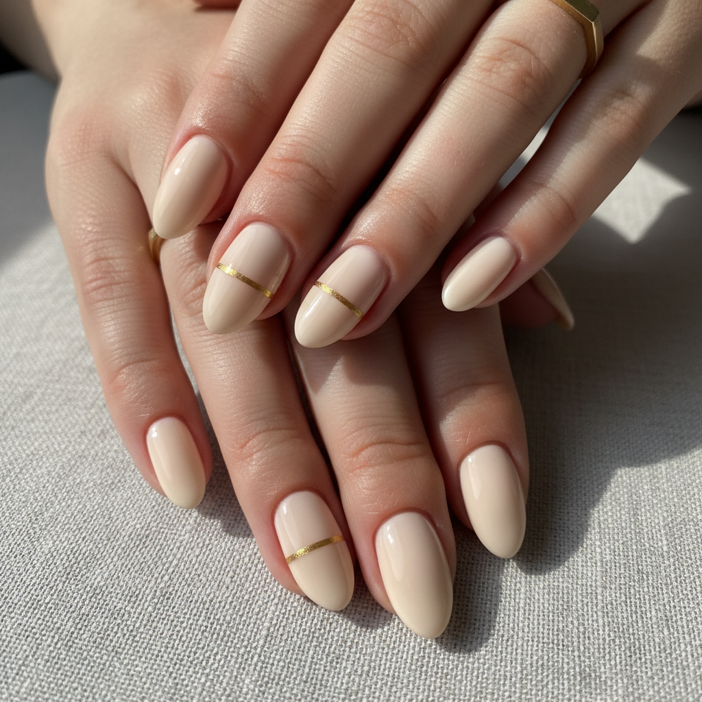Minimalist Beige Single Gold Line Minimalist Nails