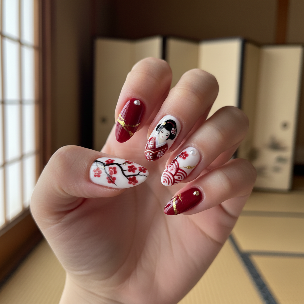 Geisha White Red Colors Japanese Nails