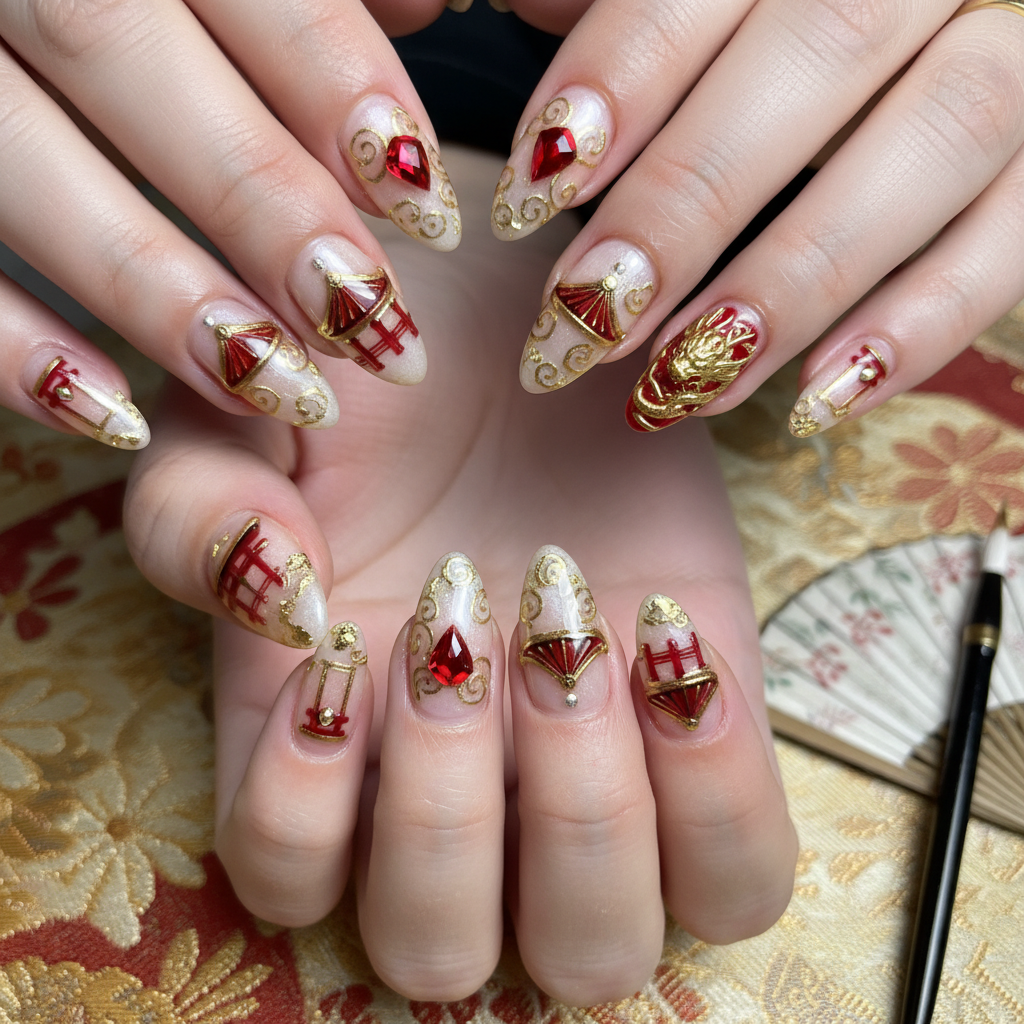 Traditional Japanese Temple Gold Red Colors Japanese Nails