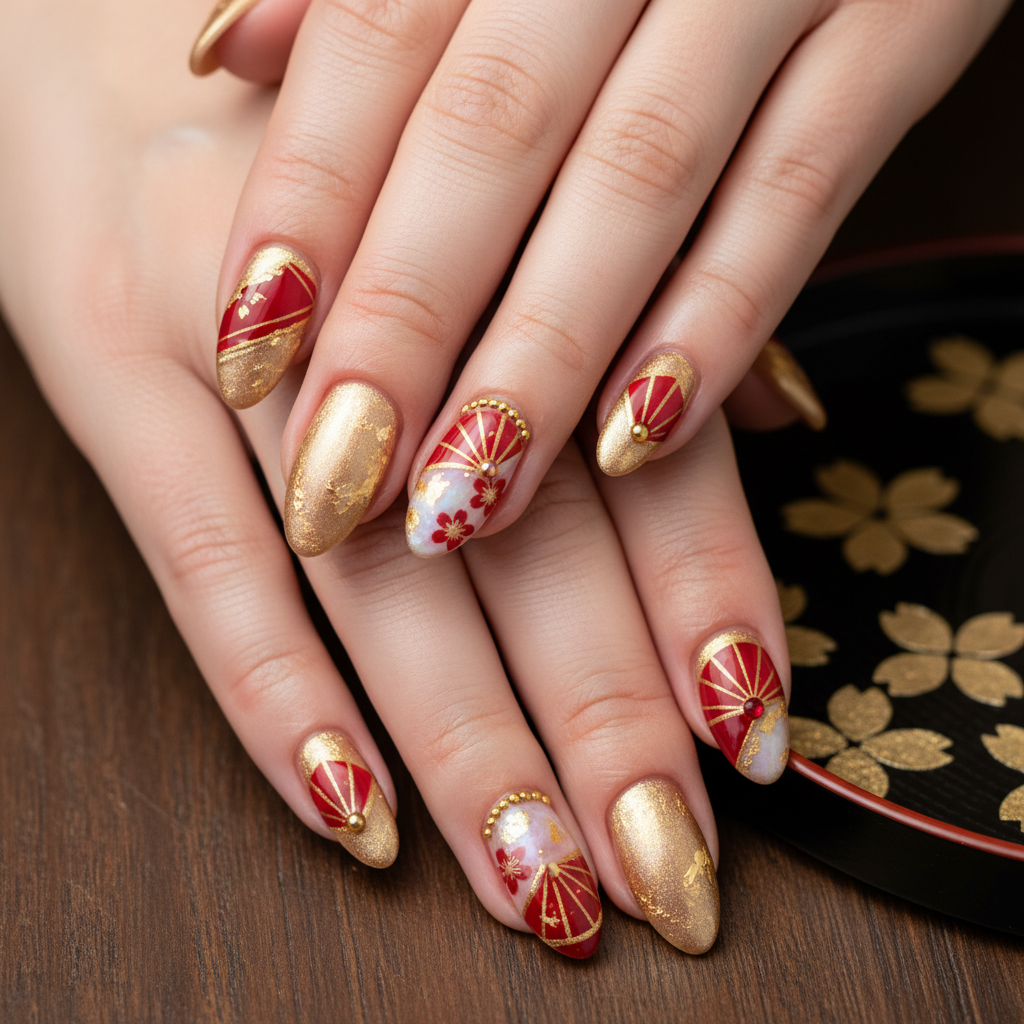 Fan Red Gold Colors Japanese Nails