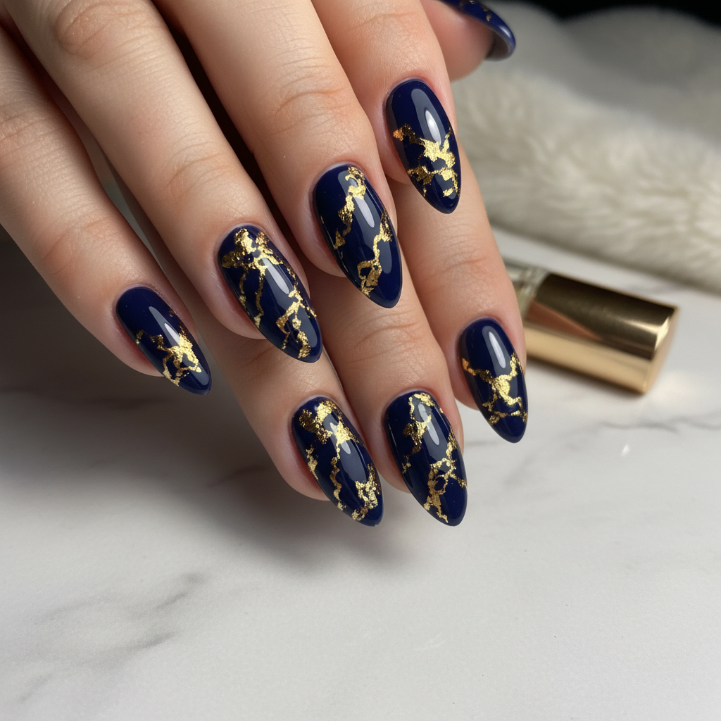 Navy Blue Gold Foil Blue Nails