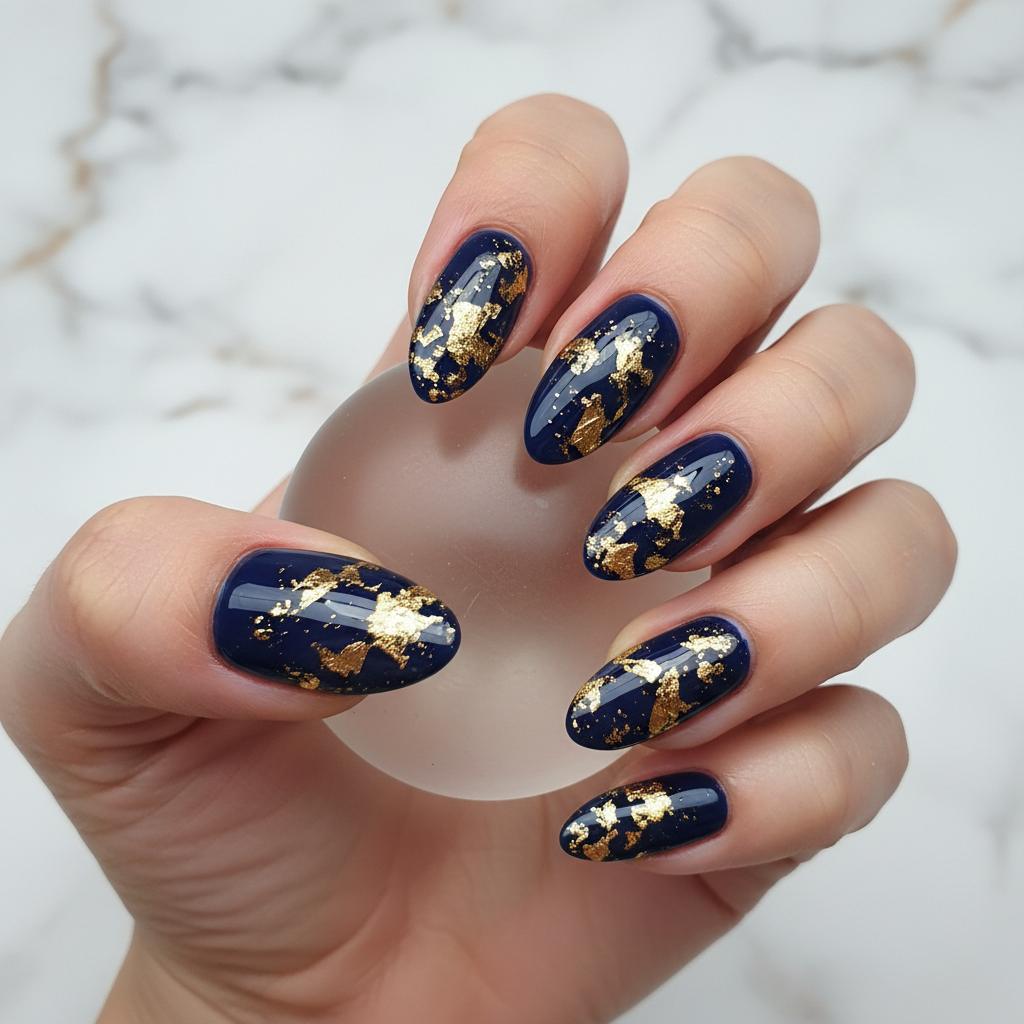 Navy Blue Gold Foil Blue Nails
