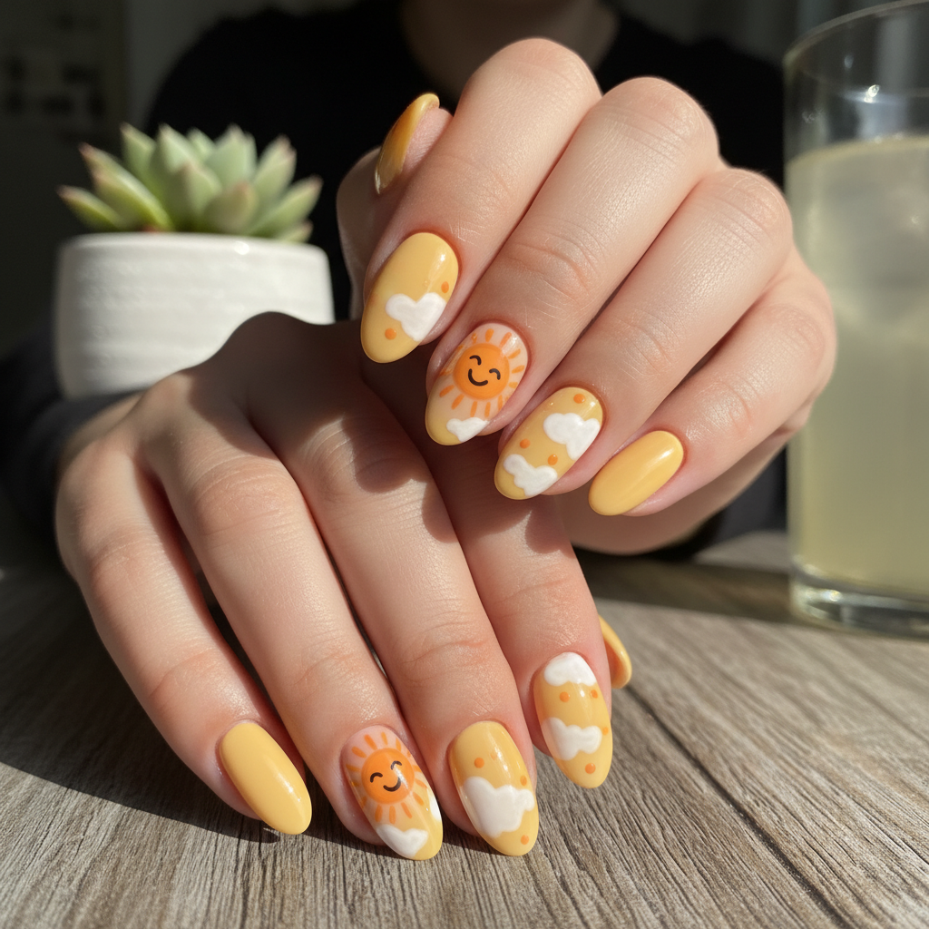 Yellow Orange Sun White Cloud Summer Nails
