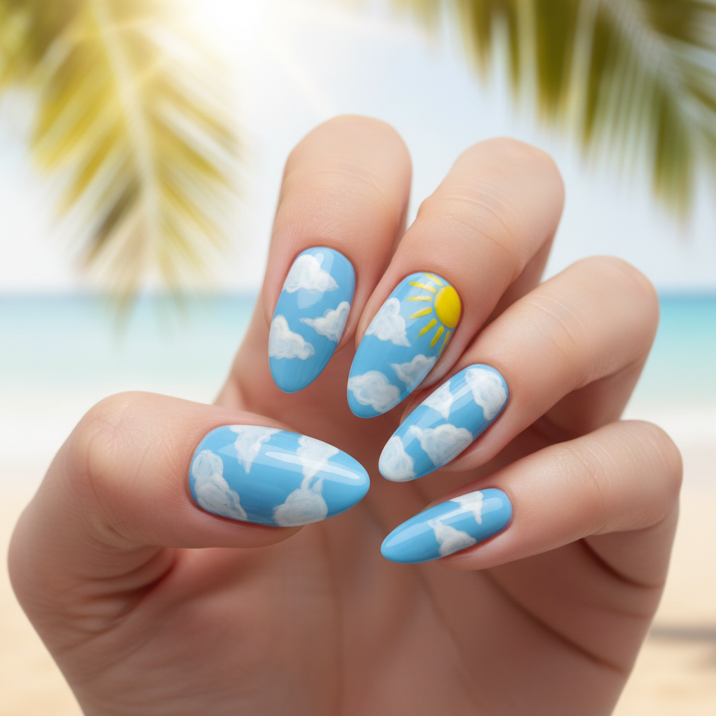 Summer Blue White Clouds Yellow Sun Summer Nails