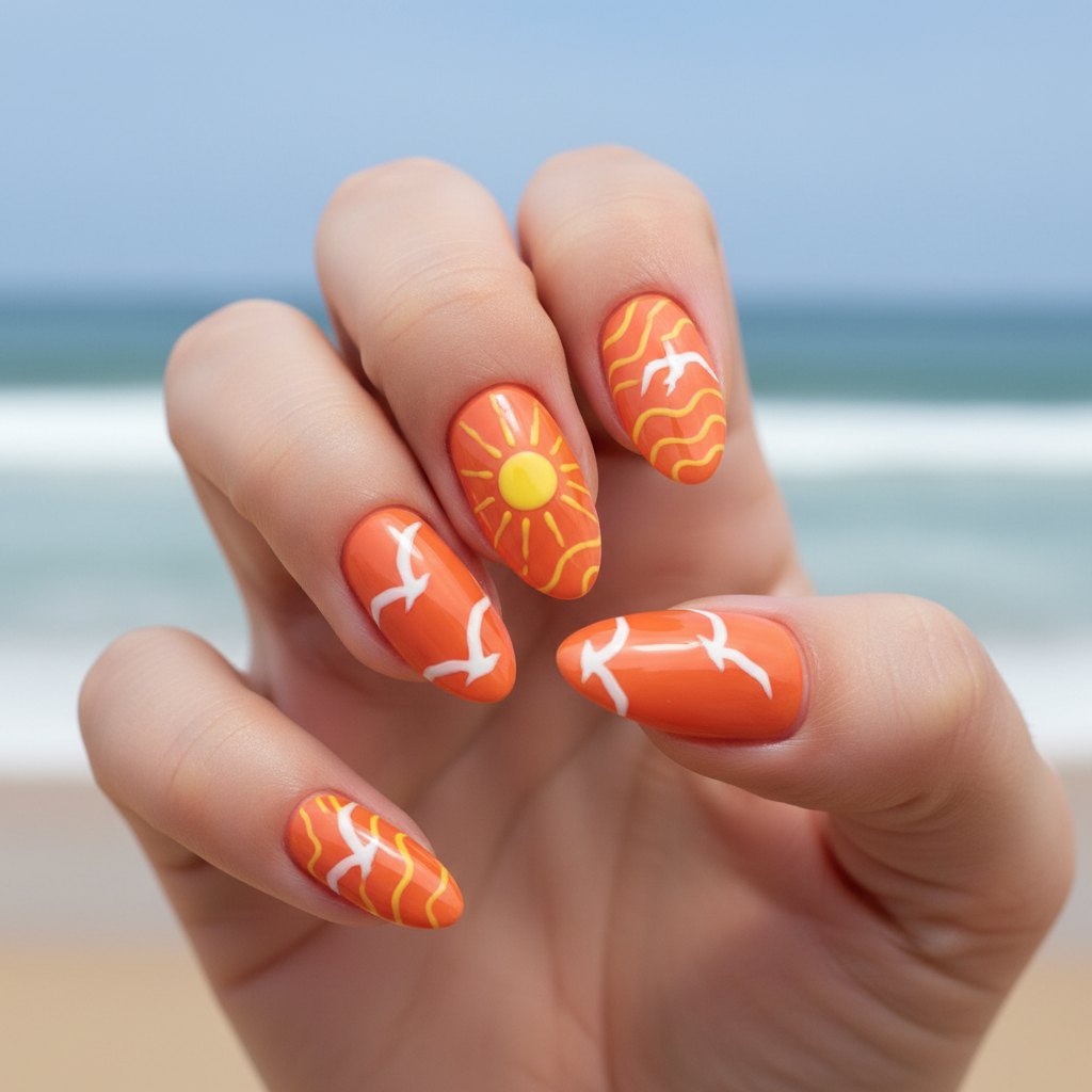 Orange Yellow Sun White Seagull Silhouettes Summer Nails