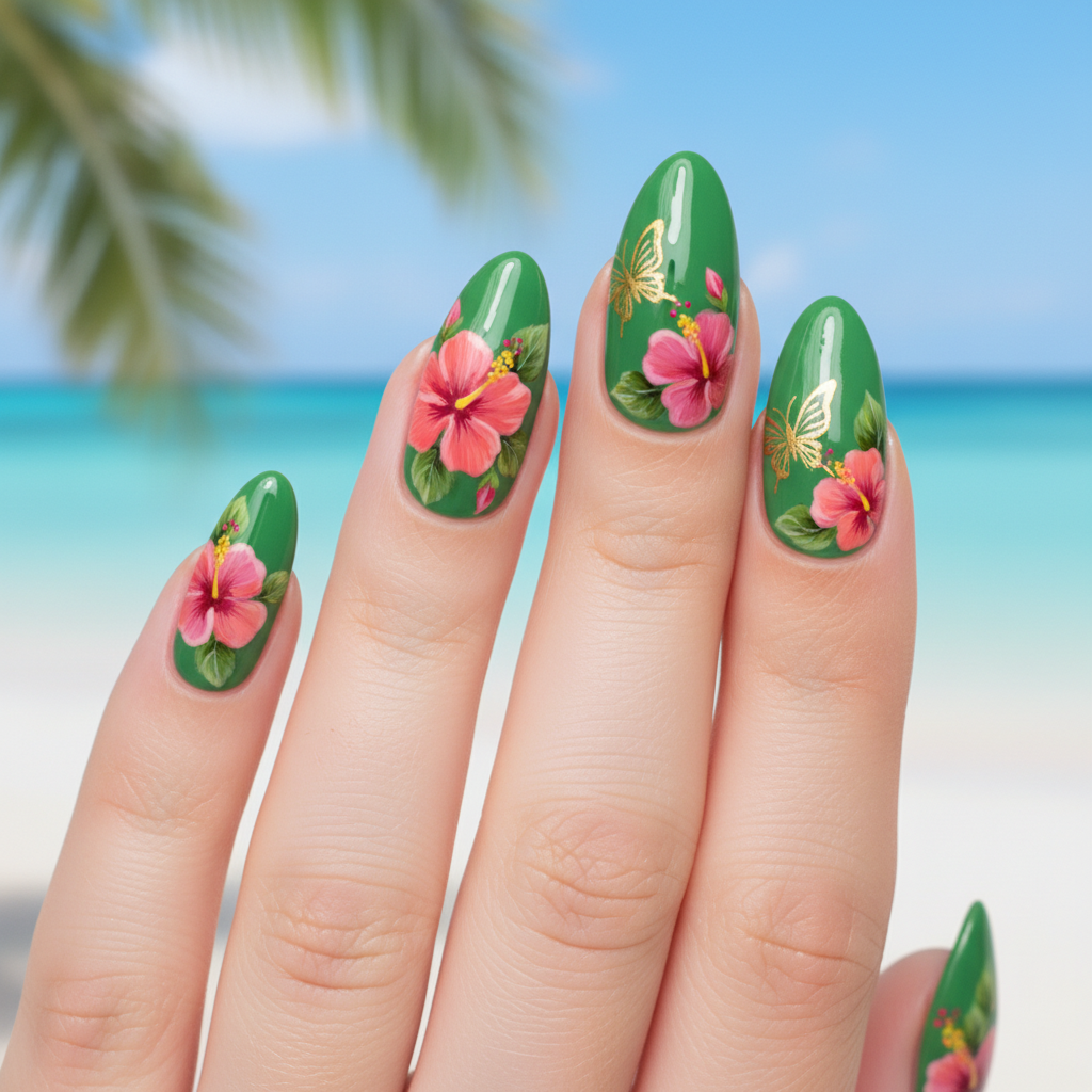Tropical Summer Green Pink Flowers Gold Summer Nails